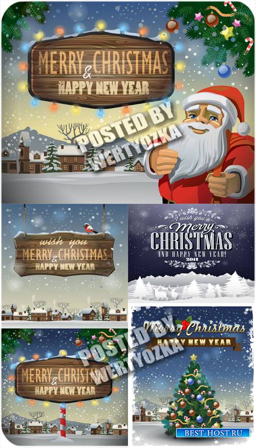 Рождественские винтажные векторные фоны с сантой и елочкой