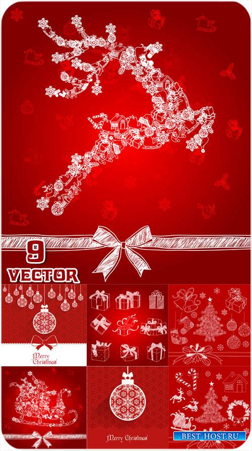 Рождественские векторные фоны с подарками, оленем и елкой
