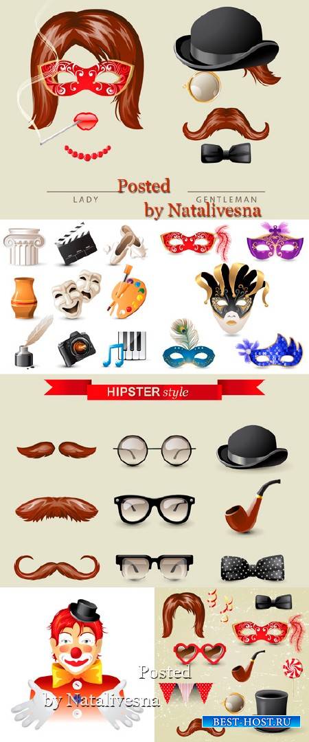 Карнавальные маски, шляпы и усы в Векторе