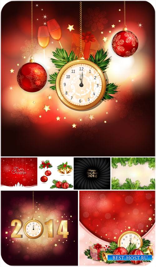 Рождественский вектор, елка, шары и золотые куранты