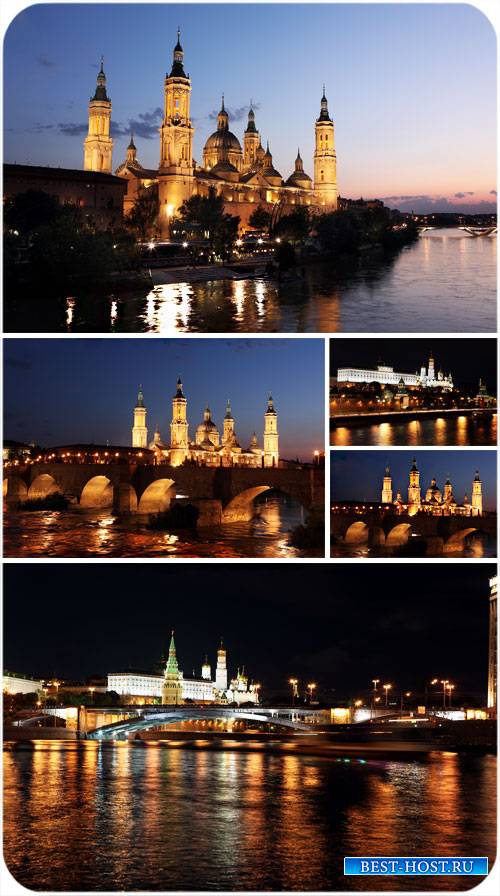 Ночной город, мост, река - сток фото