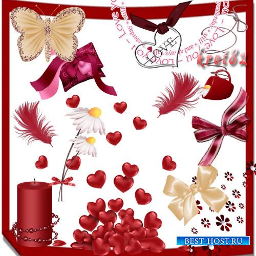 Клипарт для фотошопа ко дню Всех влюбленных - бабочки, сердечки, цветы, банты, свечи