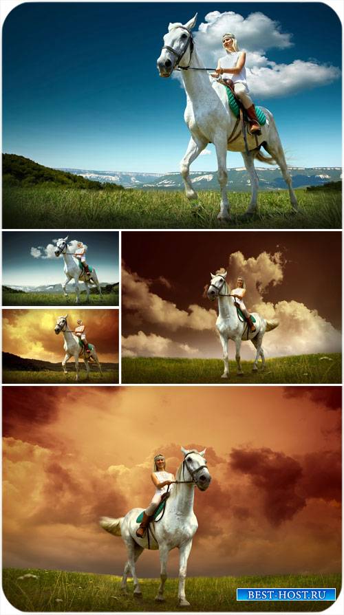 Девушка на лошади, красивые пейзажи - сток фото