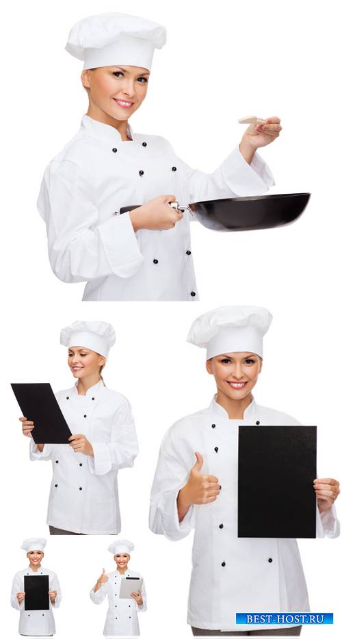 Повар, девушка со сковородкой - сток фото