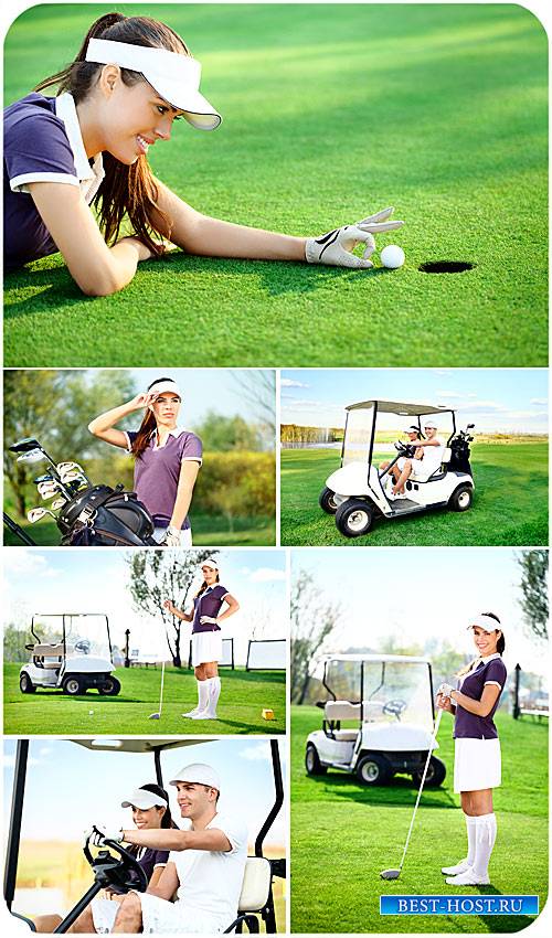 Гольф, девушка на поле для гольфа, спорт - сток фото