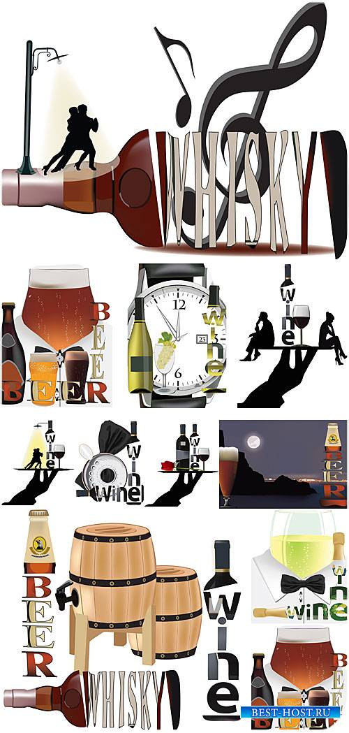 Вино, пиво, виски - вектор