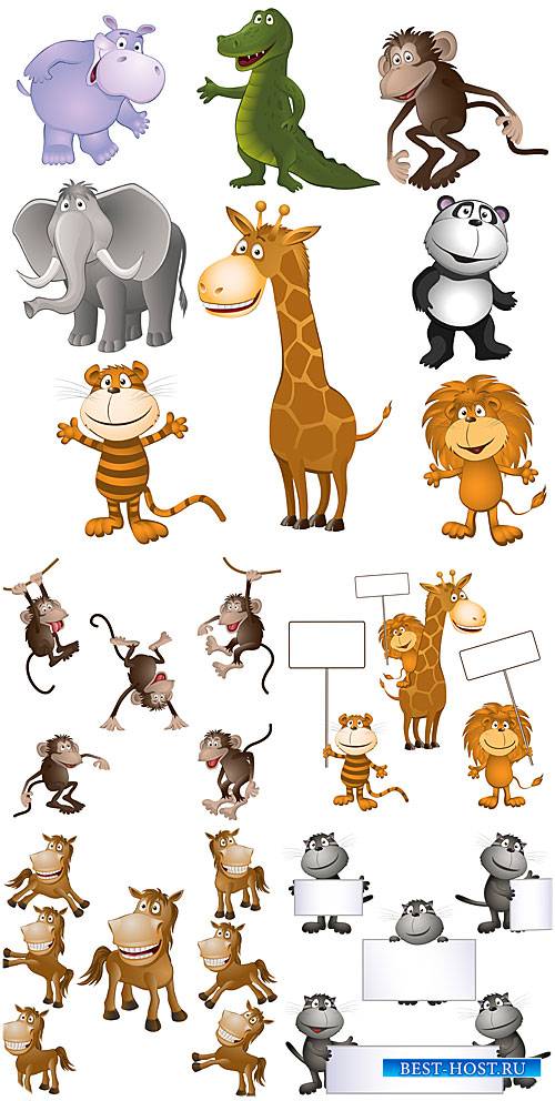 Животные с табличками в векторе, лошадки, обезьяны, кошки