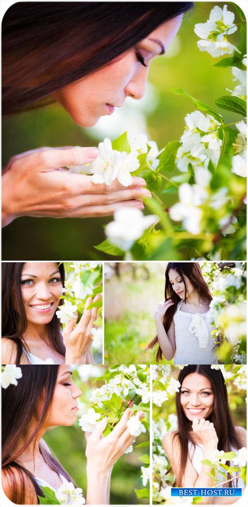 Девушка и белые цветы - сток фото