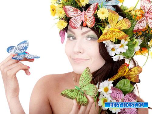 Шаблон для Photoshop - Девушка в красивом веночке с бабочками