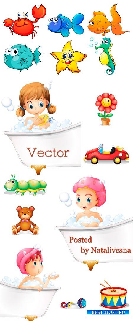 Девочки в ванне с пузырями и игрушками в Векторе