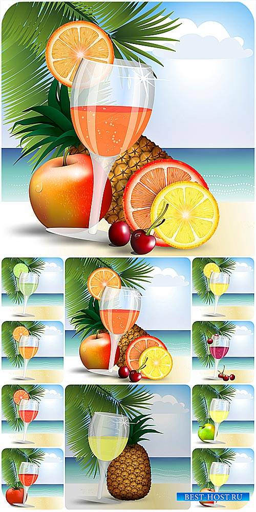 Фруктовые коктейли на фоне пальм и моря / Fruit smoothies