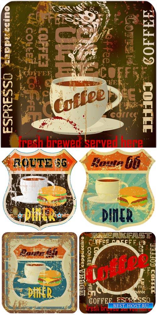 Винтажные продуктовые этикетки и фоны, кофе в векторе / Vintage food labels