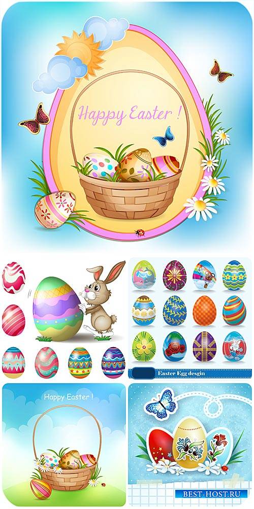 Пасхальная корзина, кролик и пасхальные яйца в векторе / Easter basket, bun ...