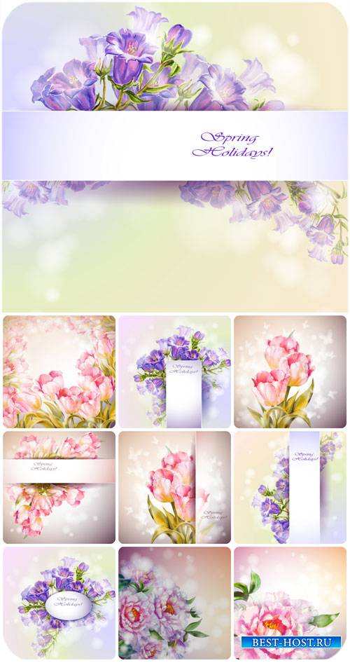 Тюльпаны колокольчики и пионы, цветочные векторные фоны / Floral vector backgrounds