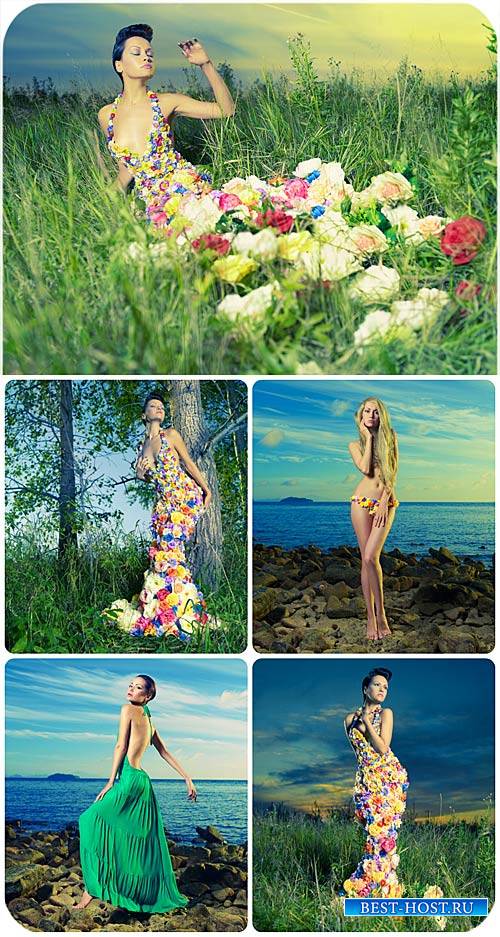 Девушки и природа, цветы / Girls and nature, flowers - Stock Photo