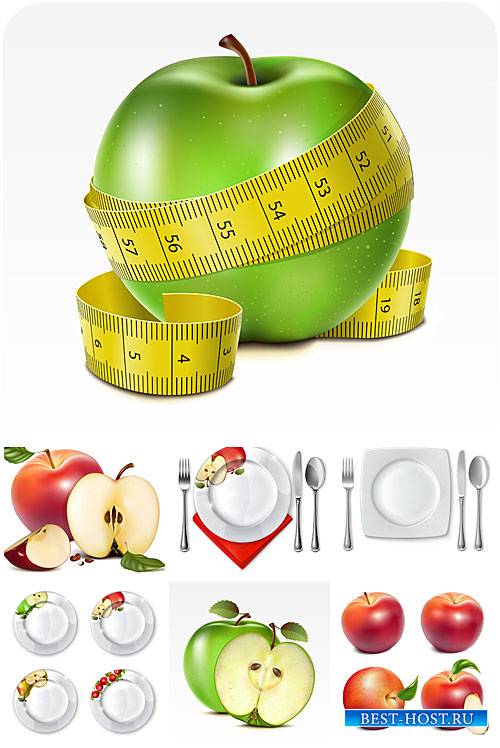 Яблоки, тарелки и столовые приборы в векторе / Apples, plates and cutlery vector