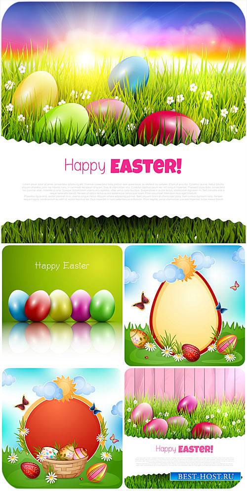 Пасхальный вектор с пасхальными яйцами, цветами и бабочками / Easter background with Easter eggs