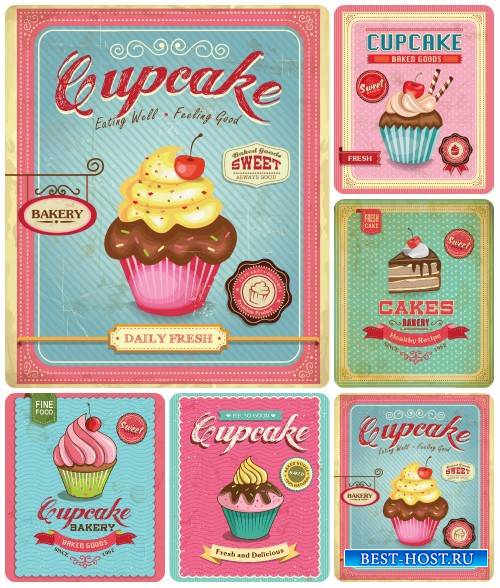 Кексы с фруктами, кондитерские изделия в векторе / Cupcakes with fruits , pastries vector