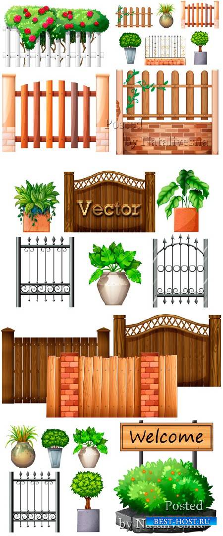 Забор и клумбы с цветами в векторе