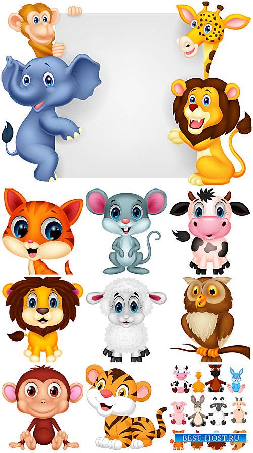 Животные в векторе, лев, слоник, тигр, обезьяна / Vector animals