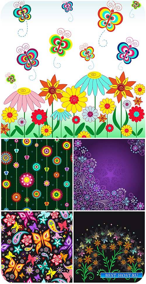 Цветы, бабочки, векторные фоны / Flowers, butterflies, vector backgrounds