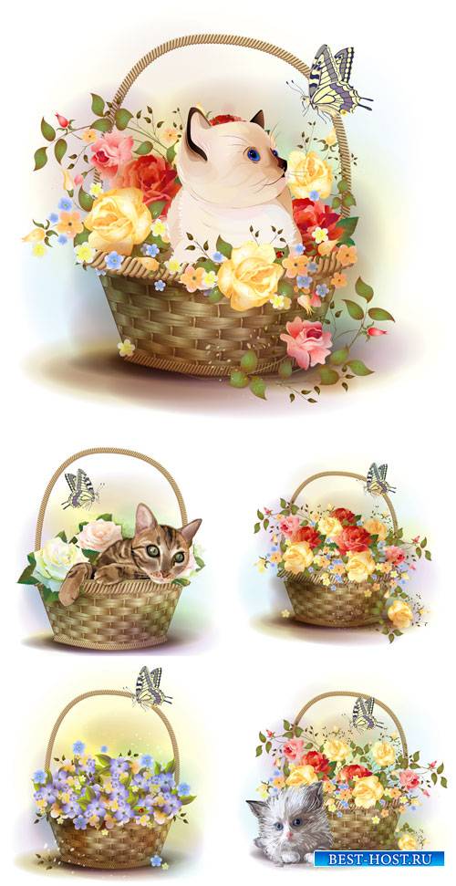 Корзины с цветами и котятами, вектор / Baskets of flowers and kittens, vector