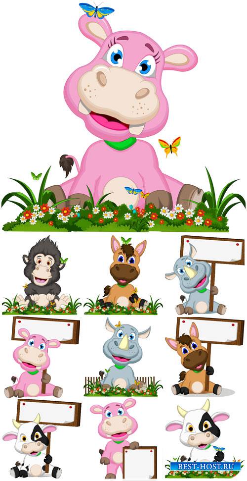 Животные с табличками, лошадка, носорог в векторе / Animals, horse, rhino vector