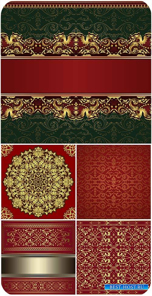 Красные векторные фоны с золотыми винтажными узорами / Red vector background with golden vintage pattern