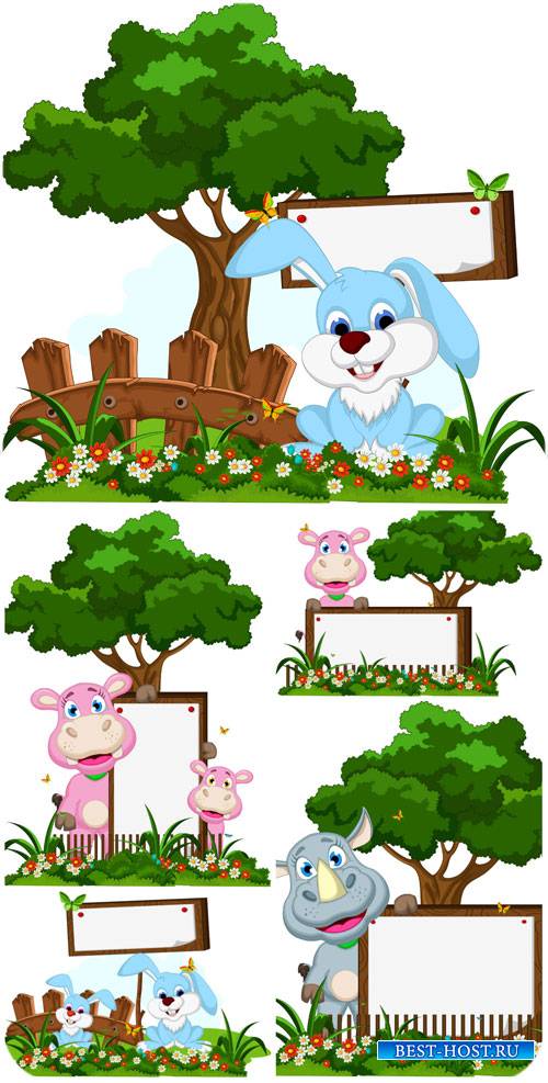 Животные с табличками, зайчик и носорог в векторе / Animals, bunny and rhin ...