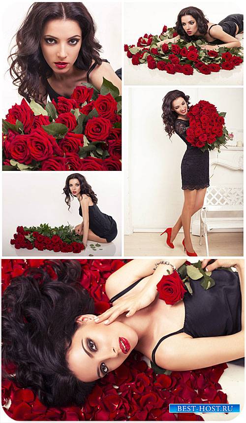 Девушка в черном платье, красные розы / Girl in black dress, red roses - Stock Photo