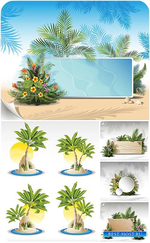 Морской вектор с пальмами и экзотическими цветами / Marine background with palm trees and exotic flowers