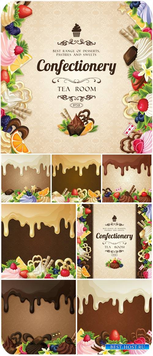 Фоны со сладостями, шоколад, кексы в векторе / Background with sweets, chocolate, cupcakes vector