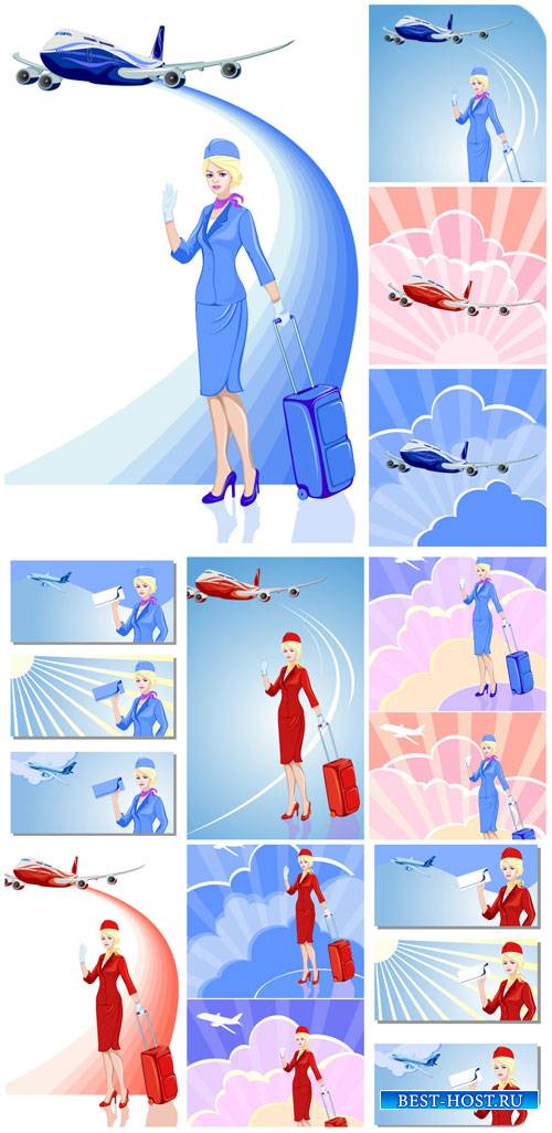 Путешествия, стюардесса и авиатранспорт в векторе / Travel, stewardess, aviation vector