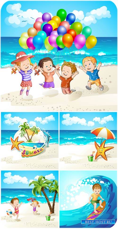 Дети на море, летние векторные фоны / Children of the sea, summer vector backgrounds