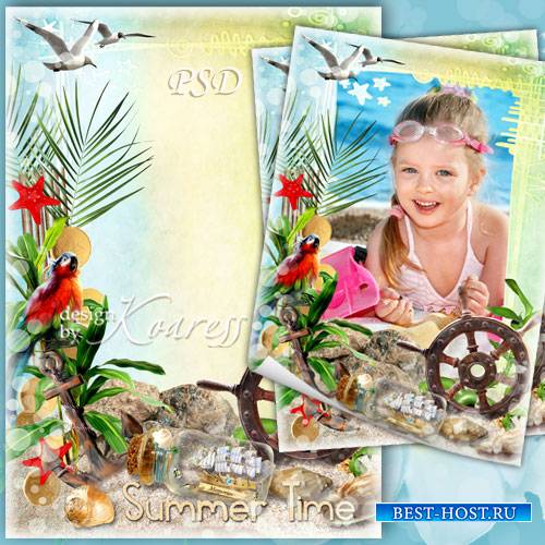 Детская рамка для фотошопа с попугаем, чайками, ракушками - Лето, море, при ...