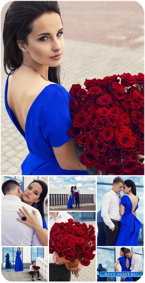 Влюбленная парабдевушка с розами / Couple in love, girl with roses - Stock Photo