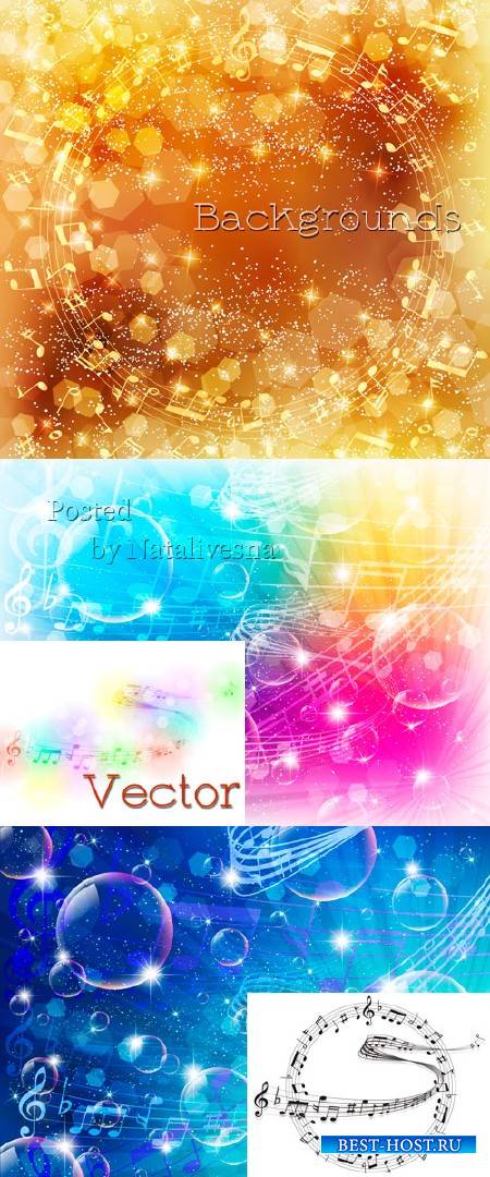 Музыкальные фоны в Векторе с золотыми бликами, прозрачными шарами и музыкал ...