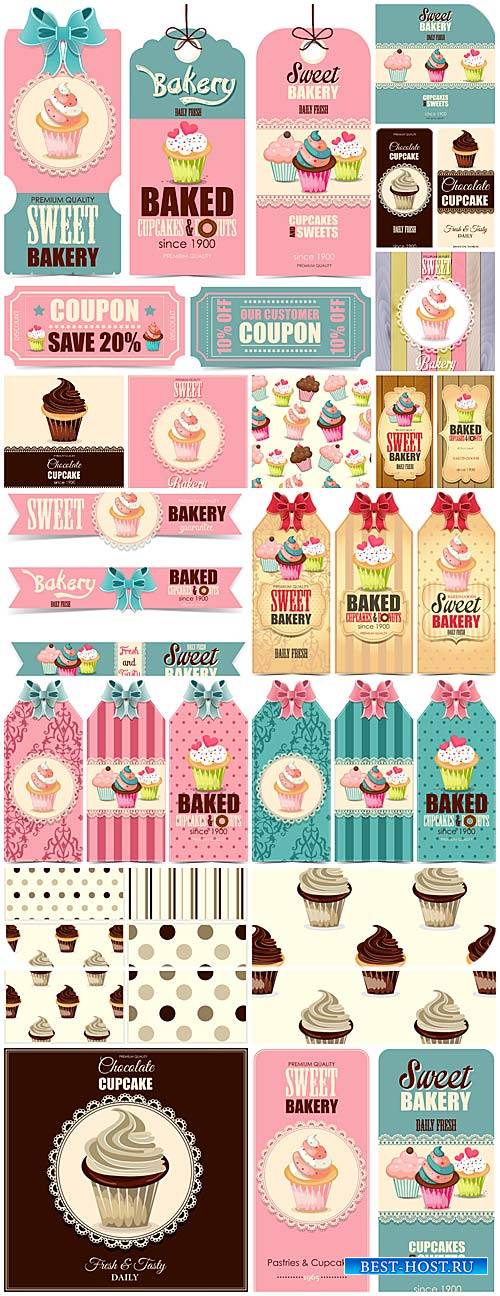 Этикетки и фоны в векторе, сладости, кексы и пирожные / Labels and backgrou ...