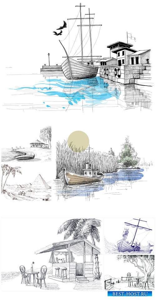 Нарисованые пейзажи, природа в векторе / Painted landscapes, nature vector