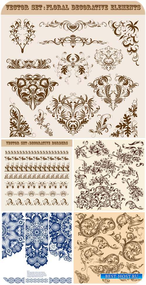 Цветочные декоративные элементы в векторе / Floral decorative elements, ornaments vector