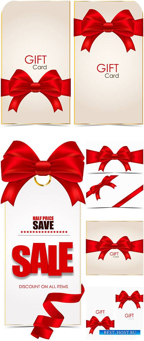 Подарочные векторные карточки с красными лентами / Vector Gift card with red ribbons