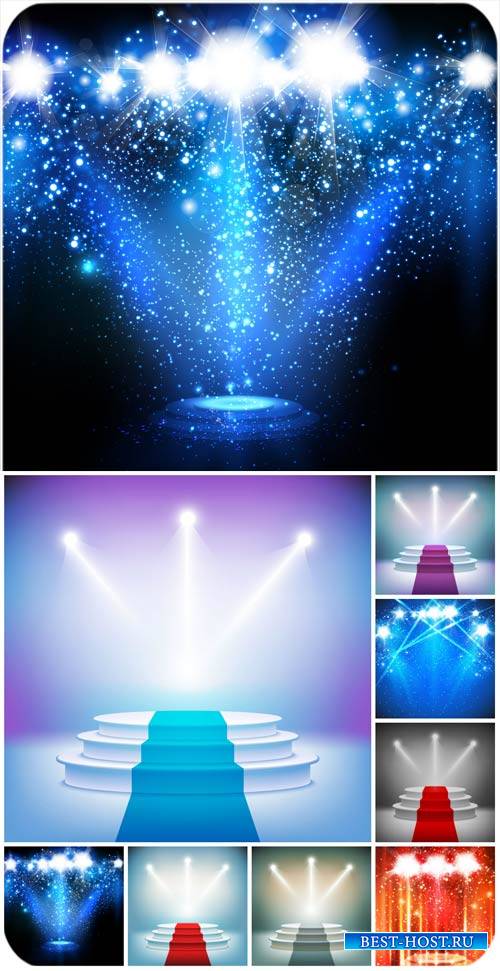 Сцена с прожекторами, сияющие фоны / Stage with spotlights shining backgrou ...