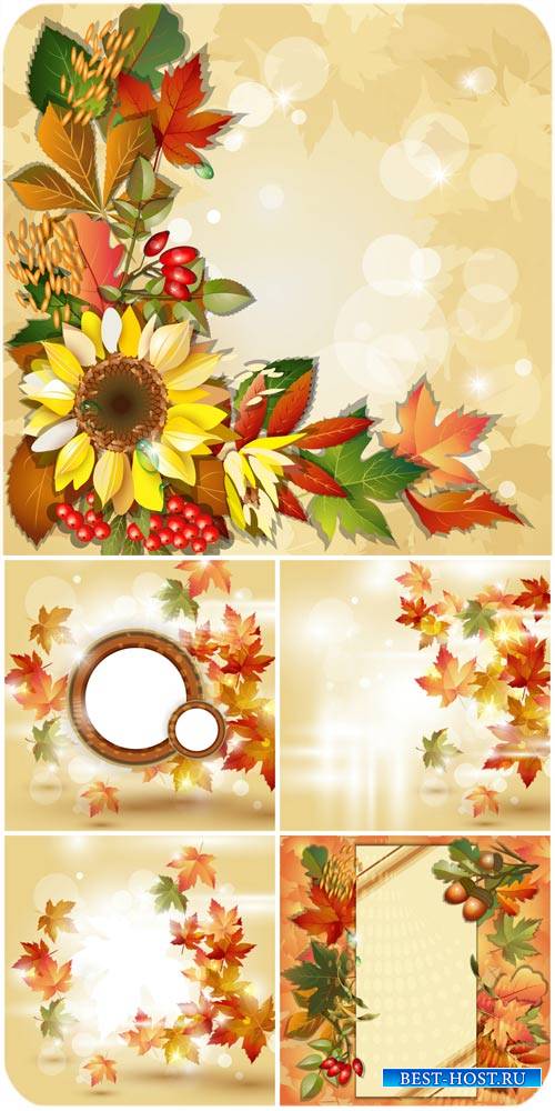 Осенние векторные фоны с подсолнухами и листьями / Autumn vector background with sunflowers and leaves