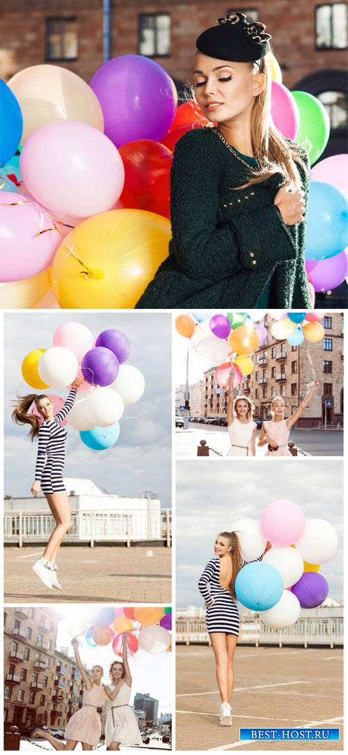 Девушки на прогулке, воздушные шарики / Girls on walk, balloons - Stock Photo