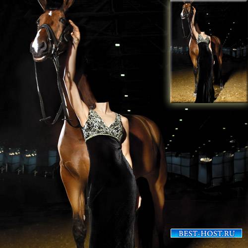 Шаблон psd женский - В черном вечернем платье с лошадью