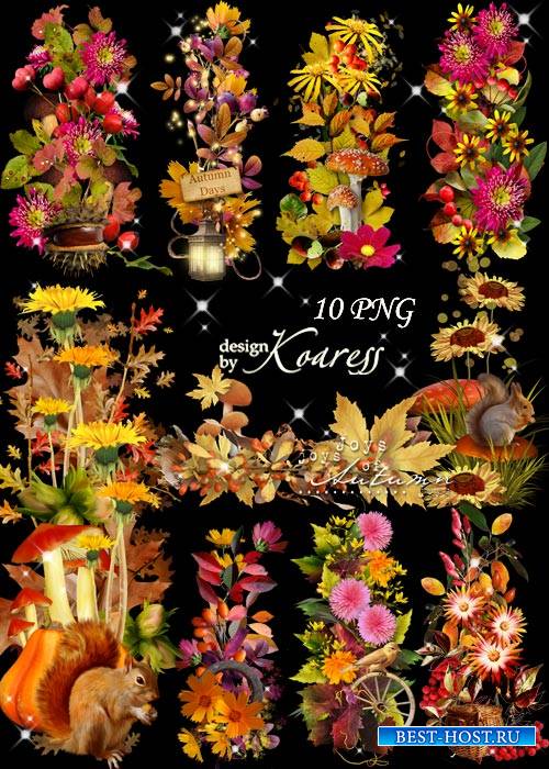 Набор осенних кластеров и бордюров для фотошопа с листьями, цветами, грибам ...