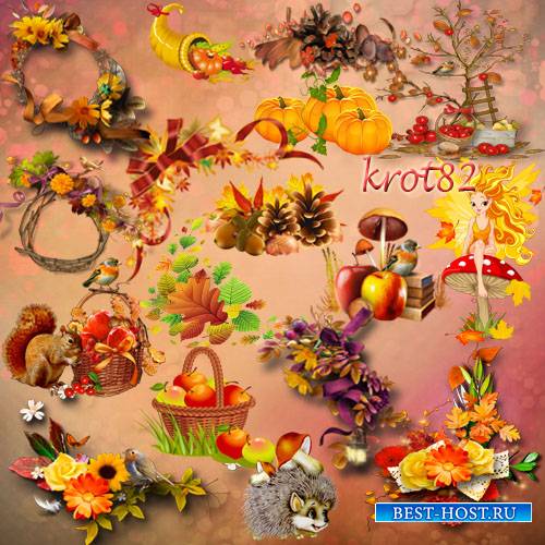 Осенний кластер – Цветы, листья, корзинка, яблоки, шишки, тыква