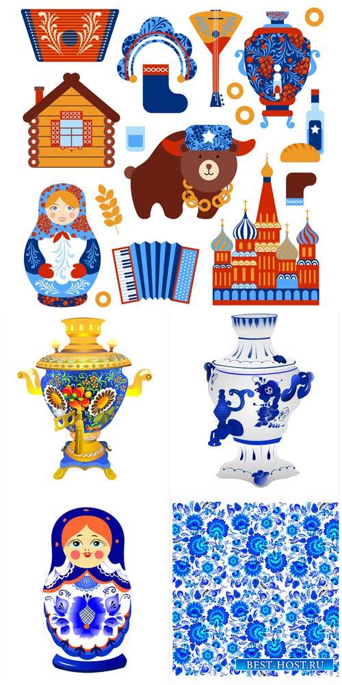 Самовары, матрешки в векторе / Samovars, dolls vector