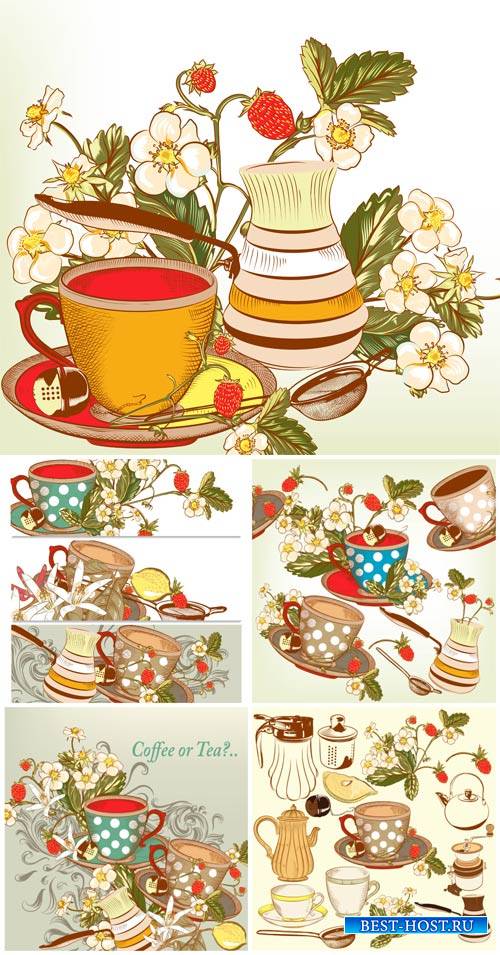 Чай, чашки и чайники в векторе / Tea, cups and teapots in vector