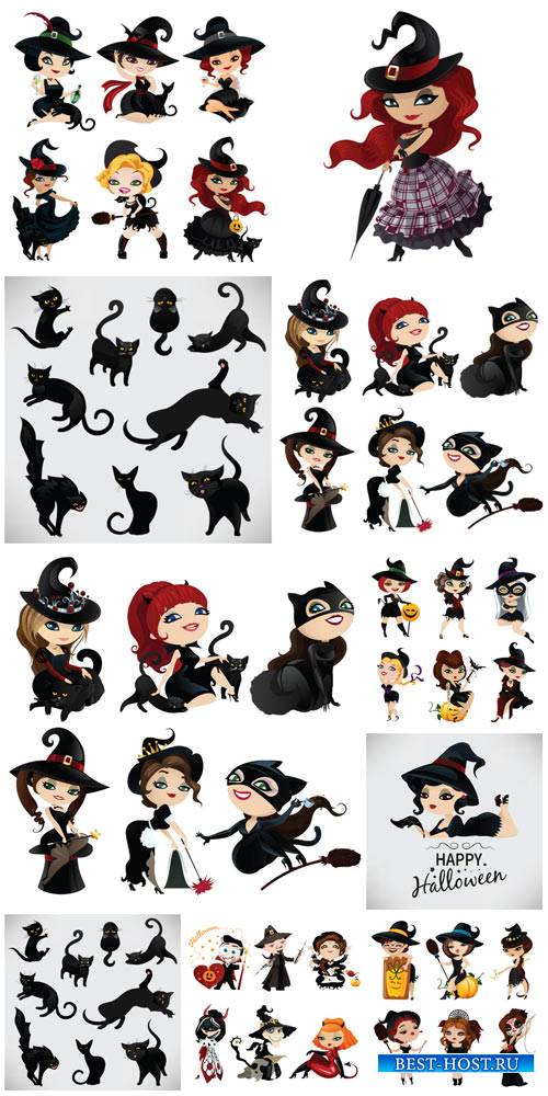 Хэллоуин в векторе, маленькие ведьмы и черные коты / Halloween vector, litt ...